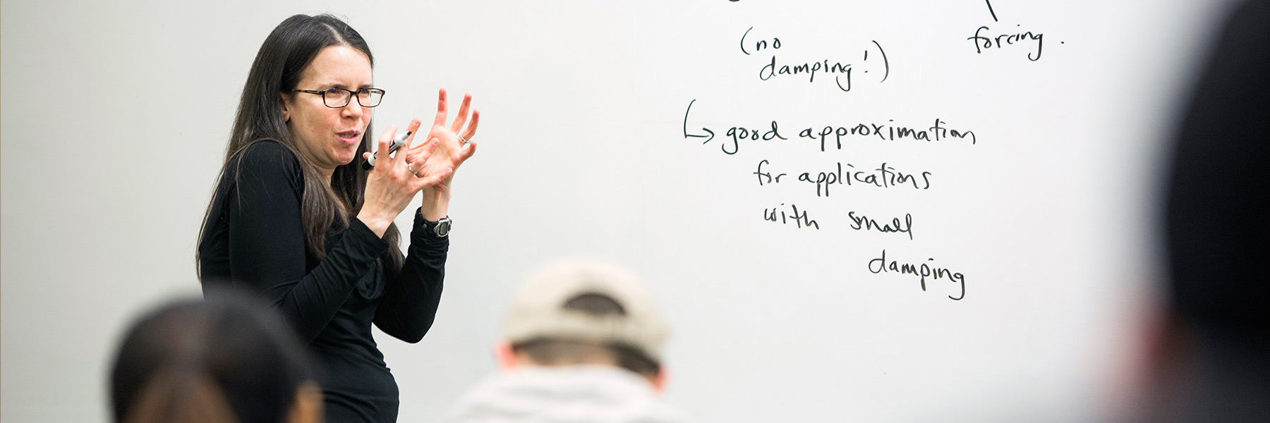 An instructor lectures in front of a whiteboard.